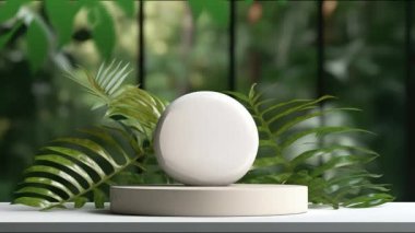 Kozmetik ürün sunumu için bitkilerin olduğu minimal podyum görüntüsü, kaide veya platform arka planı, yaprağın hareket gölgesi ile.