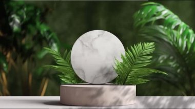 Kozmetik ürün sunumu için bitkilerin olduğu minimal podyum görüntüsü, kaide veya platform arka planı, yaprağın hareket gölgesi ile.