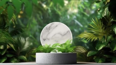 Kozmetik ürün sunumu için bitkilerin olduğu minimal podyum görüntüsü, kaide veya platform arka planı, yaprağın hareket gölgesi ile.