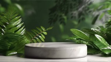 Kozmetik ürün sunumu için bitkilerin olduğu minimal podyum görüntüsü, kaide veya platform arka planı, yaprağın hareket gölgesi ile.