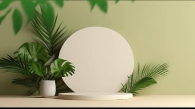 Kozmetik ürün sunumu için bitkilerin olduğu minimal podyum görüntüsü, kaide veya platform arka planı, yaprağın hareket gölgesi ile.