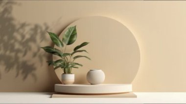 Kozmetik ürün sunumu için bitkilerin olduğu minimal podyum görüntüsü, kaide veya platform arka planı, yaprağın hareket gölgesi ile.