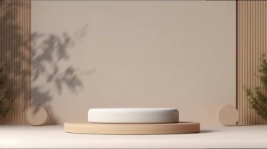 Kozmetik ürün sunumu için bitkilerin olduğu minimal podyum görüntüsü, kaide veya platform arka planı, yaprağın hareket gölgesi ile.