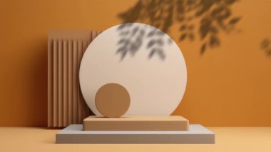 Kozmetik ürün sunumu için bitkilerin olduğu minimal podyum görüntüsü, kaide veya platform arka planı, yaprağın hareket gölgesi ile.