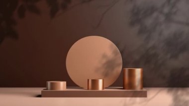 Kozmetik ürün sunumu için bitkilerin olduğu minimal podyum görüntüsü, kaide veya platform arka planı, yaprağın hareket gölgesi ile.