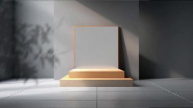 Kozmetik ürün sunumu için bitkilerin olduğu minimal podyum görüntüsü, kaide veya platform arka planı, yaprağın hareket gölgesi ile.