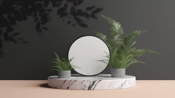 化粧品のプレゼンテーション ペデスタルまたはプラットフォームの背景のための植物が付いている最小表彰台の表示 葉の動きの影 — ストック動画