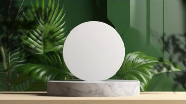 Kozmetik ürün sunumu için bitkilerin olduğu minimal podyum görüntüsü, kaide veya platform arka planı, yaprağın hareket gölgesi ile.