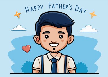 Neşeli Babalar Günü tasvirinde kalbi ve yıldızları olan gülümseyen bir baba karakteri var. Tebrik kartları, sosyal medya paylaşımları ve Babalar Günü terfileri için ideal..