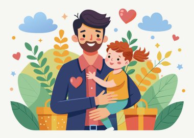Babalar Günü 'nü aile ve tatil temalı tasarımlar için ideal hediyeler ve doğa unsurlarıyla kutlayan neşeli bir baba ve kızın tasviri..