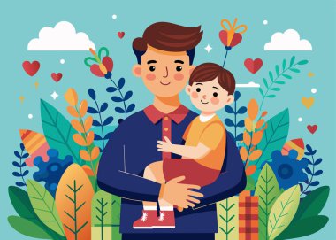 Neşeli Babalar Günü resmedilmesi. Bir baba çocuğunu canlı bir bahçede tutuyor. Kalpleri ve hediyeleri var..