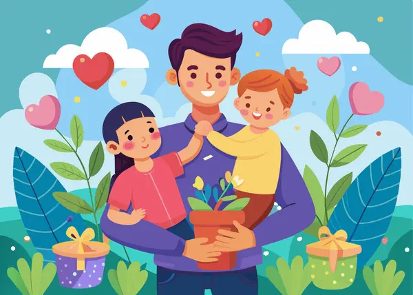 stock vector Illustration of a joyful father with his children in a vibrant garden, celebrating Father's Day with gifts and flowers. Ideal for family, holiday, and parenting themes.