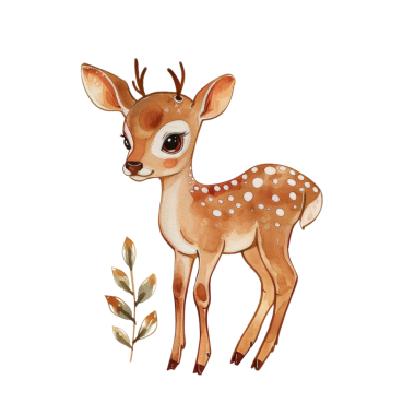 Geyik boynuzları ve yaprağı olan sevimli bir hayvan etiketi. Çocuk projeleri, hatıra defterleri ve el sanatları için ideal..