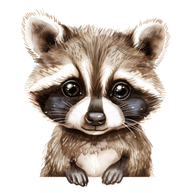 Kocaman gözleri ve tüylü kürkü olan sevimli bir bebek rakunun yüksek kaliteli çıkartması. Albüm, el sanatları ve dekorasyon için ideal..