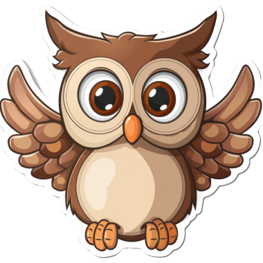 Büyüleyici çizgi film baykuş çıkartması. Büyük gözleri ve açık kanatları var. Çocuklar için ideal, hatıra defteri ve çeşitli el işi projeleri..