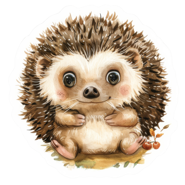 Büyüleyici bir kirpi çıkartması. Kocaman gözleri ve sevimli bir ifadesi var. Çocuklar için mükemmel, doğa meraklıları ve hayvan severler için..