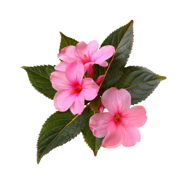 Beyaz arka planda yeşil yaprakları olan canlı pembe çiçeklerin yakın çekimi botanik ve doğa temalı stok fotoğrafları için mükemmeldir..