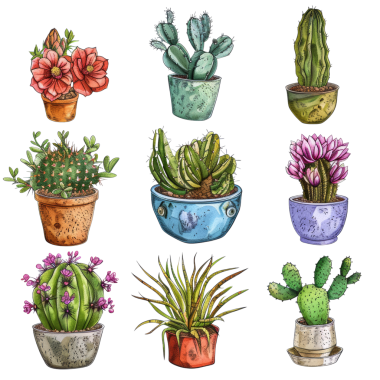 Çeşitli saksı bitkilerinin ve sulu suların canlı el çizimleri botanik temalı projeler, dekorasyon ve tasarım ilhamı için mükemmeldir..