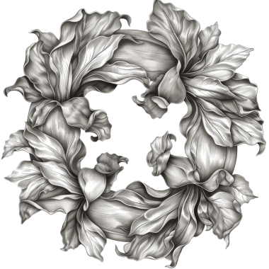 Çarpıcı bir siyah-beyaz botanik illüstrasyonunda ayrıntılı yapraklar ve taç yapraklarından yapılmış bir çelenk.