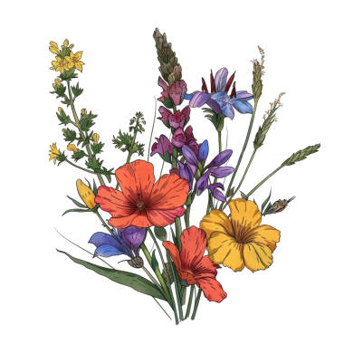 Çarpıcı bir botanik illüstrasyonunda çeşitli güzel çiçekler, canlı renkler ve karmaşık detaylar sergileniyor..