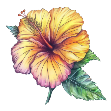 Canlı sarı ve pembe bir amber çiçeğinin çarpıcı botanik çizimi detaylı yapraklarla, doğa ve çiçek temalı tasarımlar için mükemmel..