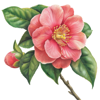 Yeşil yapraklı pembe bir çiçeğin yüksek kaliteli botanik çizimi, doğa, çiçek ve bahçe temalı projeler için mükemmel..