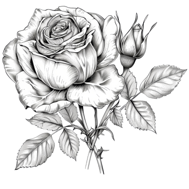 Karmaşık detaylara sahip bir gül çiçeğinin yüksek kaliteli botanik çizimi, doğa temalı tasarımlar ve sanat projeleri için mükemmel..