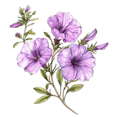 Canlı mor çiçekler ve yemyeşil yapraklar içeren çarpıcı botanik çizimler, doğa temalı tasarımlar ve dekorasyon için mükemmel..