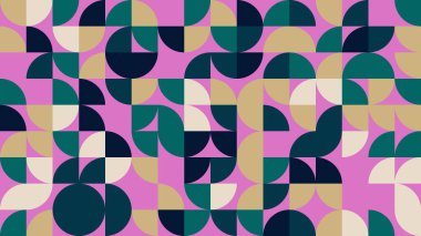 Pembe arka planda dairesel şekiller içeren canlı geometrik desen, modern tasarımlar ve sanatsal projeler için mükemmel..