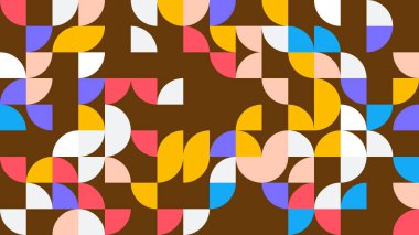 Kahverengi arkaplan üzerinde daireler ve yarı daireler bulunan canlı ve renkli bir geometrik desen, modern dekor ve tasarım projeleri için mükemmel..