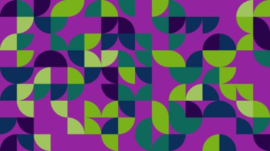 Bu soyut geometrik desen, zengin mor bir zemin üzerinde yeşil ve mavi renkli canlı dairesel şekiller, yaratıcı projeler ve modern tasarım için mükemmel..