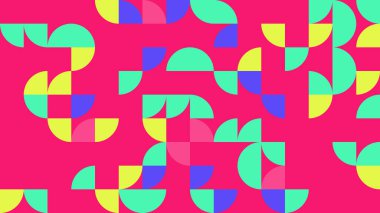 Bu canlı geometrik desen, modern tasarımlar için mükemmel, parlak pembe bir zemin üzerinde renkli şekil ve kıvrımların bir düzenini içerir..