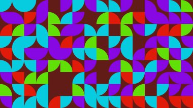 Bu soyut geometrik desen dinamik bir düzende düzenlenmiş canlı kıvrımlı şekiller içerir, kahverengi bir arka planda renkli ve göz alıcı bir tasarım yaratır..