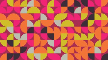 Bu resim dinamik renk dizisi içinde oyuncu şekiller içeren canlı, soyut bir geometrik desen sergiliyor. Sanatsal sunumlar için ideal.