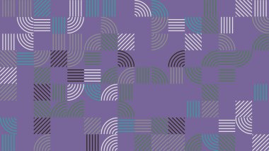 Bu soyut geometrik desen, dijital ve yazdırma tasarımı için ideal mor bir zemin üzerinde sessiz tonların, eğri çizgilerin ve karelerin uyumlu bir karışımını içerir..