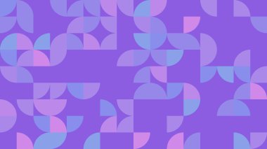 Canlı mor bir arkaplana karşı yumuşak renklerde geometrik şekiller içeren canlı ve soyut bir desen keşfedin. Dijital sanat ve tasarım projeleri için mükemmel.