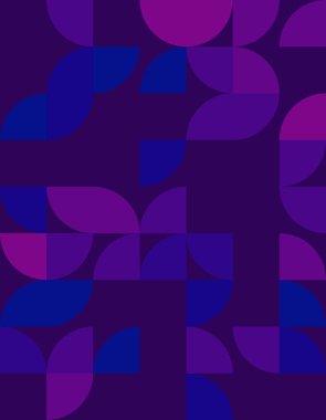 Bu canlı geometrik desen Bauhaus tarzını somutlaştırıyor, modern bir kompozisyonda zengin mor ve mavi renkler sergiliyor, çeşitli tasarım ihtiyaçları için mükemmel..