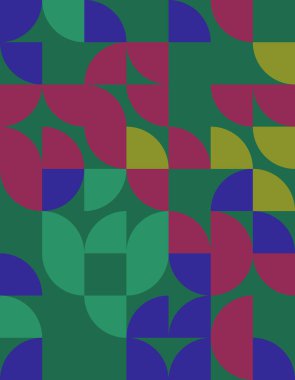 Bauhaus stilinden esinlenerek, çeşitli şekil ve renklerden oluşan canlı bir geometrik desen keşfedin. Modern arka plan, tekstil ve yaratıcı projeler için mükemmel..