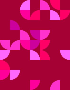 Bauhaus tarzından esinlenilmiş büyüleyici bir geometrik desen keşfedin, koyu pembe ve kırmızı renkler içerir. Modern sanat meraklıları ve şık dekorasyon için mükemmel..