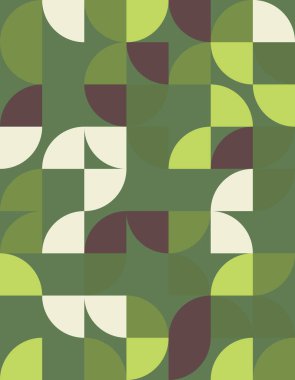 Bauhaus tarzında büyüleyici bir geometrik desen keşfedin. Uyumlu yeşil ve kahverengi tonlarda. Modern tasarım projeleri ve arka planlar için ideal.