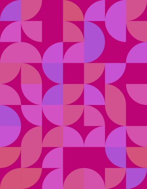 Bauhaus stilinden esinlenilmiş bu canlı geometrik deseni keşfedin, dairesel ve açısal şekillerin zengin ve koyu renklerle harmanlanmış bir karışımı.