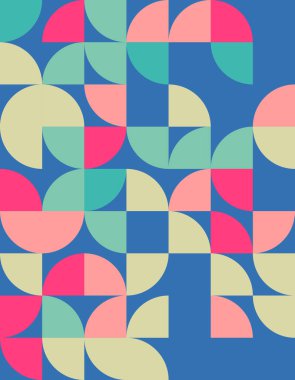 Renkli şekil ve kıvrımlara sahip Bauhaus tarzından esinlenilmiş canlı geometrik desen. Modern tasarım projeleri, arka plan veya dekor için mükemmel.