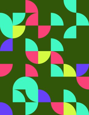 Bauhaus stilinden esinlenerek renkli şekiller ve kıvrımlar içeren bu canlı geometrik deseni keşfedin. Modern tasarım projeleri ve yaratıcı altyapılar için ideal.