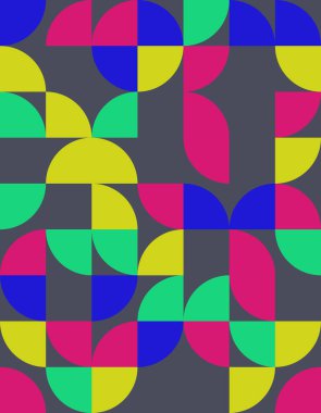 Bauhaus stilinden esinlenerek, cesur şekiller ve parlak renkler içeren canlı bir geometrik desen keşfedin. Modern tasarımlar veya sanatsal arka planlar için mükemmel..
