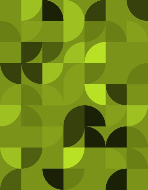 Bu soyut geometrik desen Bauhaus stilinde çeşitli yeşil renklerde daireler ve kıvrımlar içeren minimalist ve uyumlu bir tasarım sergiliyor..