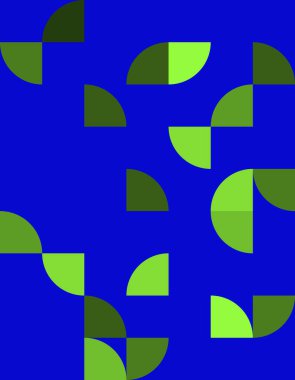 Bauhaus tarzından esinlenerek mavi ve yeşilin tonlarını içeren canlı soyut geometrik desen. Modern dekor, tasarım projeleri ve sanatsal ifadeler için mükemmel..