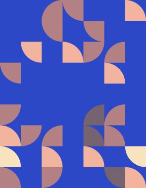 Bauhaus tarzından esinlenilmiş canlı bir geometrik desen keşfedin, mavi arkaplanda renkli şekiller vardır. Modern tasarım projeleri için mükemmel!