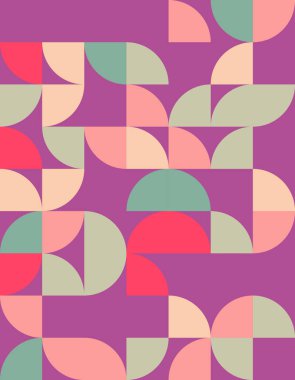 Bauhaus stilinde bu canlı geometrik deseni keşfedin, yumuşak şekiller ve kalın renkleri birleştirin. Modern dekor veya sanatsal projeler için idealdir, bu eşsiz tasarım karakter ve yeni bir estetik katar.