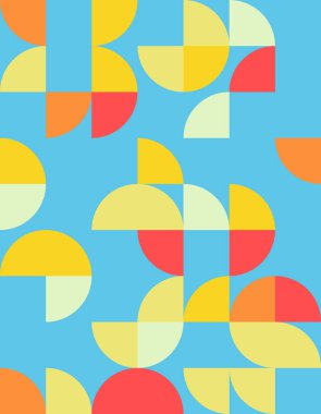 Bauhaus tarzından esinlenilen bu geometrik desen mavi arkaplanda renkli dairesel şekiller içerir. Canlı tasarım modern estetik ve yaratıcılığı yakalıyor..