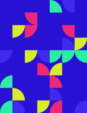 Bu canlı geometrik desen modern Bauhaus tarzını sergiliyor, koyu mavi arkaplan üzerinde koyu renk ve dinamik şekiller, çağdaş tasarım projeleri için mükemmel..